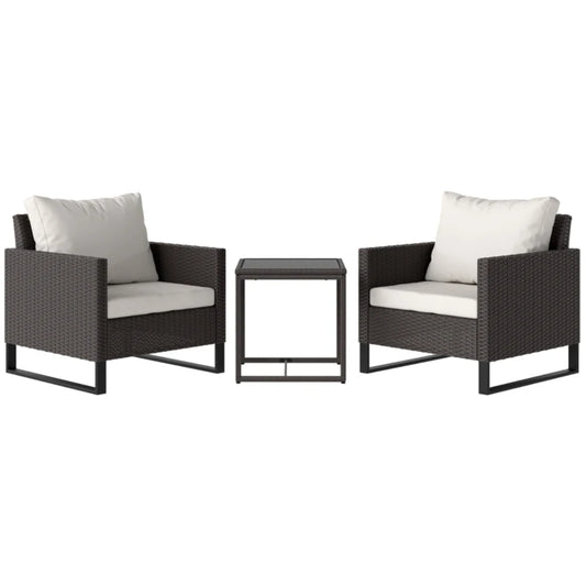 Outsunny 3 Pieces Rattan Bistro Set with 4 Cushions, Wicker Garden Furniture Set, Glass Top Coffee Table and Chairs for Outdoor Patio, Balcony, Terrace and Conservatory