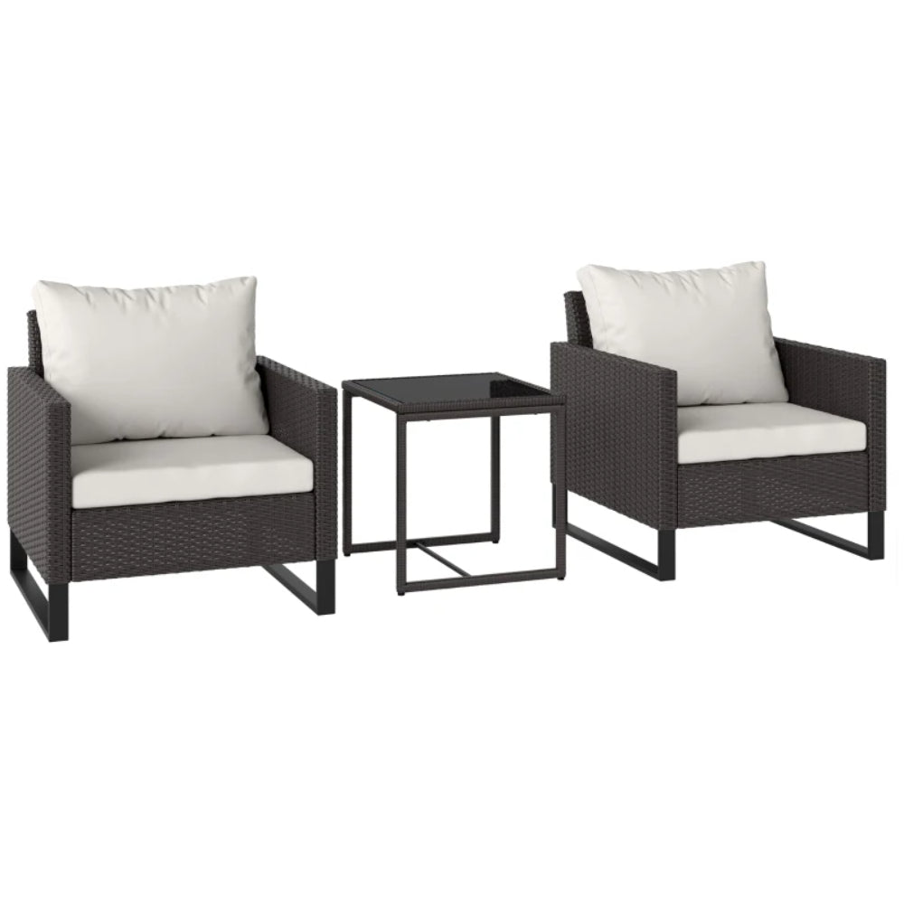 Outsunny 3 Pieces Rattan Bistro Set with 4 Cushions, Wicker Garden Furniture Set, Glass Top Coffee Table and Chairs for Outdoor Patio, Balcony, Terrace and Conservatory