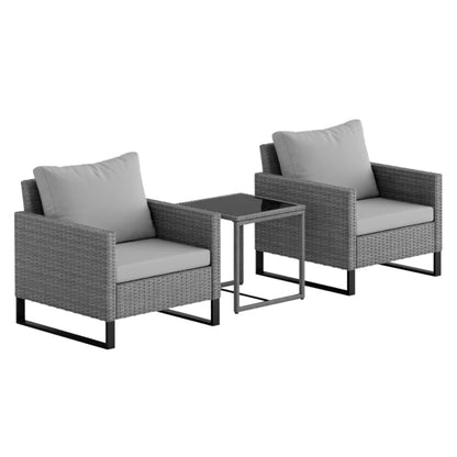 Outsunny 3 Pieces Rattan Bistro Set with 4 Cushions, Wicker Garden Furniture Set, Glass Top Coffee Table and Chairs for Outdoor Patio, Balcony, Terrace and Conservatory