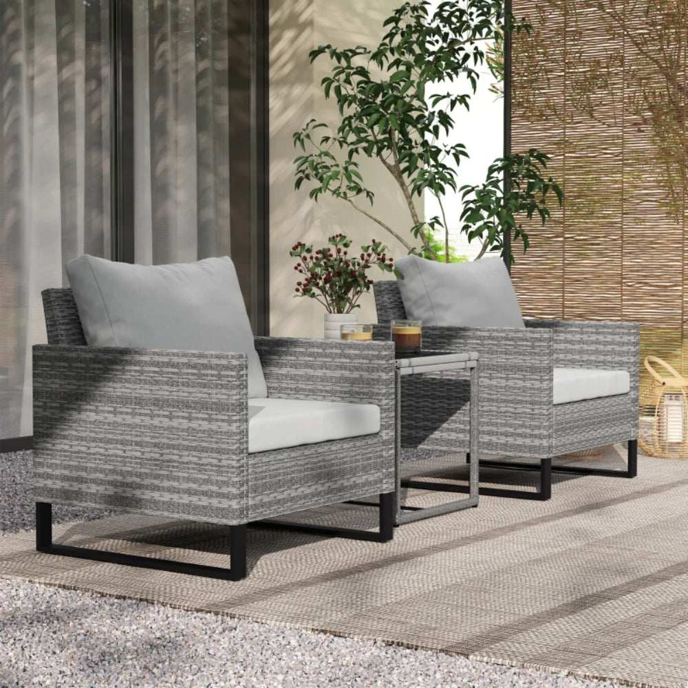 Outsunny 3 Pieces Rattan Bistro Set with 4 Cushions, Wicker Garden Furniture Set, Glass Top Coffee Table and Chairs for Outdoor Patio, Balcony, Terrace and Conservatory