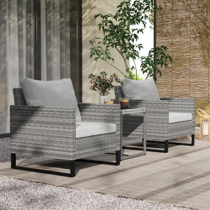 Outsunny 3 Pieces Rattan Bistro Set with 4 Cushions, Wicker Garden Furniture Set, Glass Top Coffee Table and Chairs for Outdoor Patio, Balcony, Terrace and Conservatory