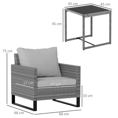Outsunny 3 Pieces Rattan Bistro Set with 4 Cushions, Wicker Garden Furniture Set, Glass Top Coffee Table and Chairs for Outdoor Patio, Balcony, Terrace and Conservatory
