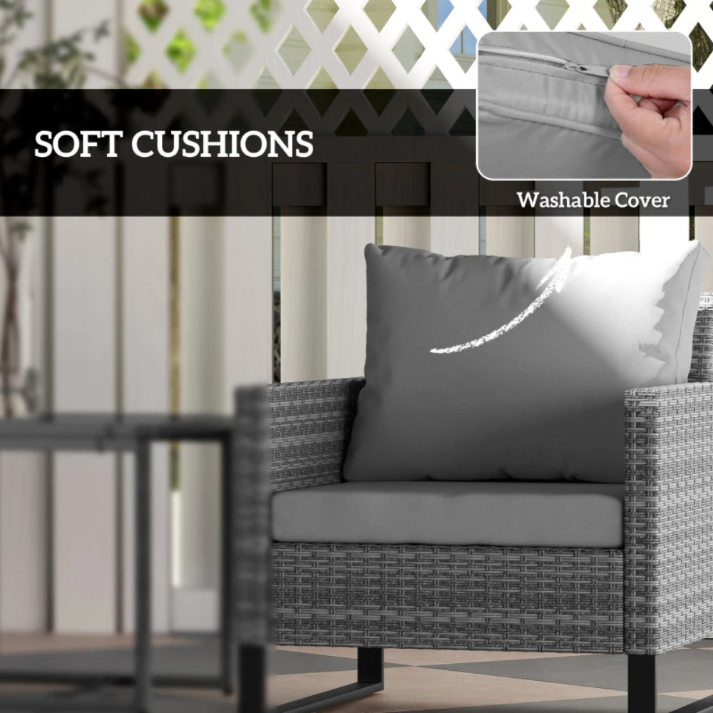 Outsunny 3 Pieces Rattan Bistro Set with 4 Cushions, Wicker Garden Furniture Set, Glass Top Coffee Table and Chairs for Outdoor Patio, Balcony, Terrace and Conservatory