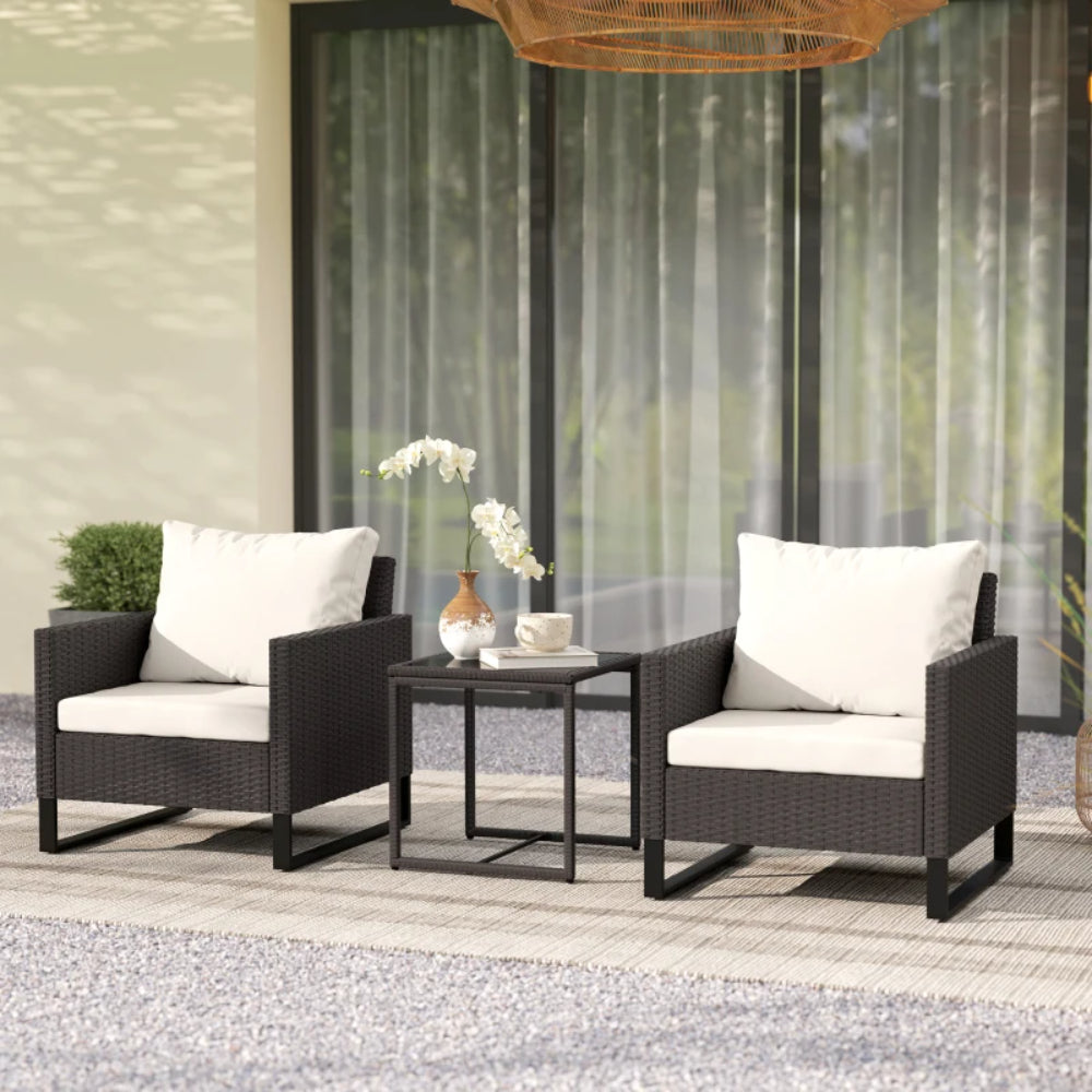 Outsunny 3 Pieces Rattan Bistro Set with 4 Cushions, Wicker Garden Furniture Set, Glass Top Coffee Table and Chairs for Outdoor Patio, Balcony, Terrace and Conservatory