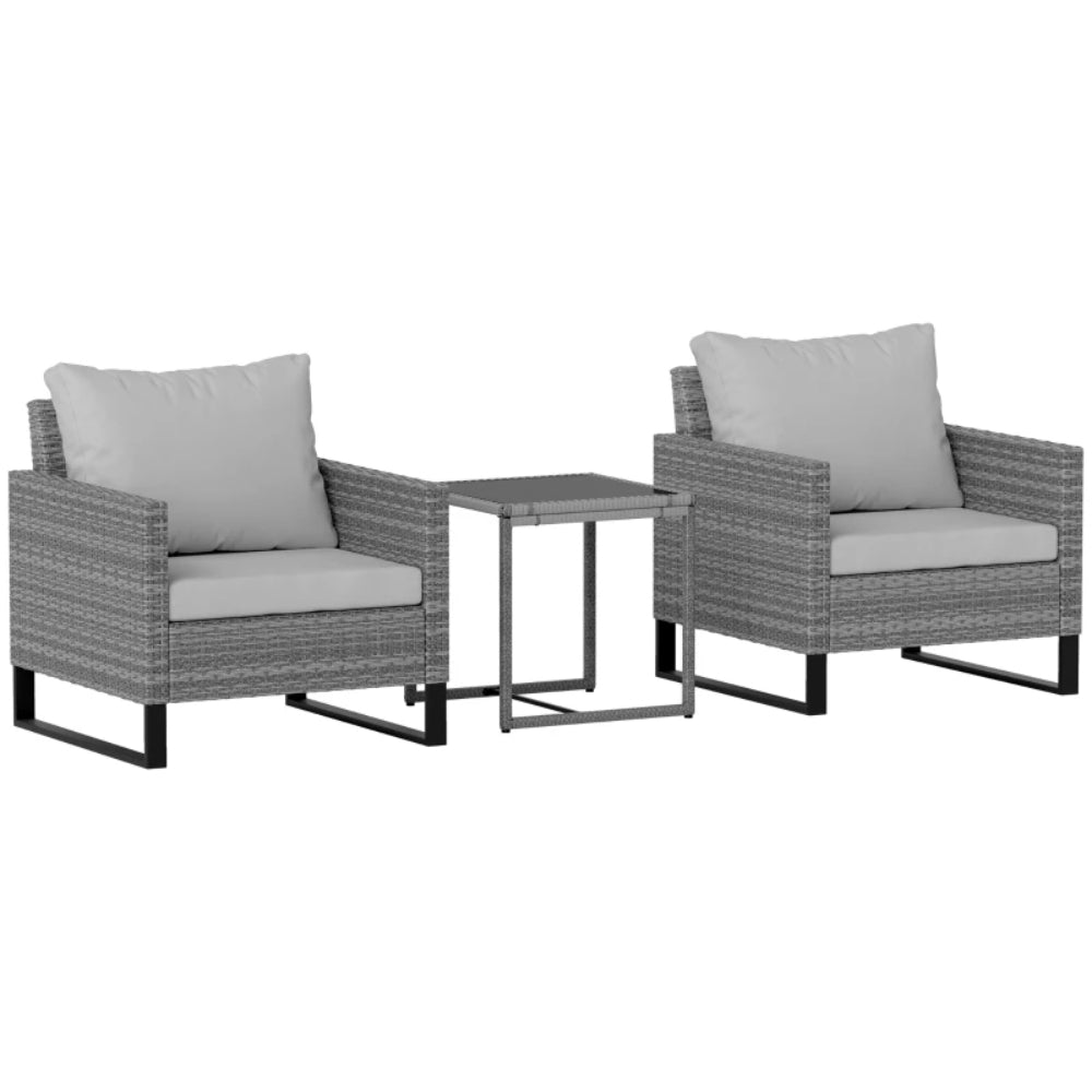 Outsunny 3 Pieces Rattan Bistro Set with 4 Cushions, Wicker Garden Furniture Set, Glass Top Coffee Table and Chairs for Outdoor Patio, Balcony, Terrace and Conservatory