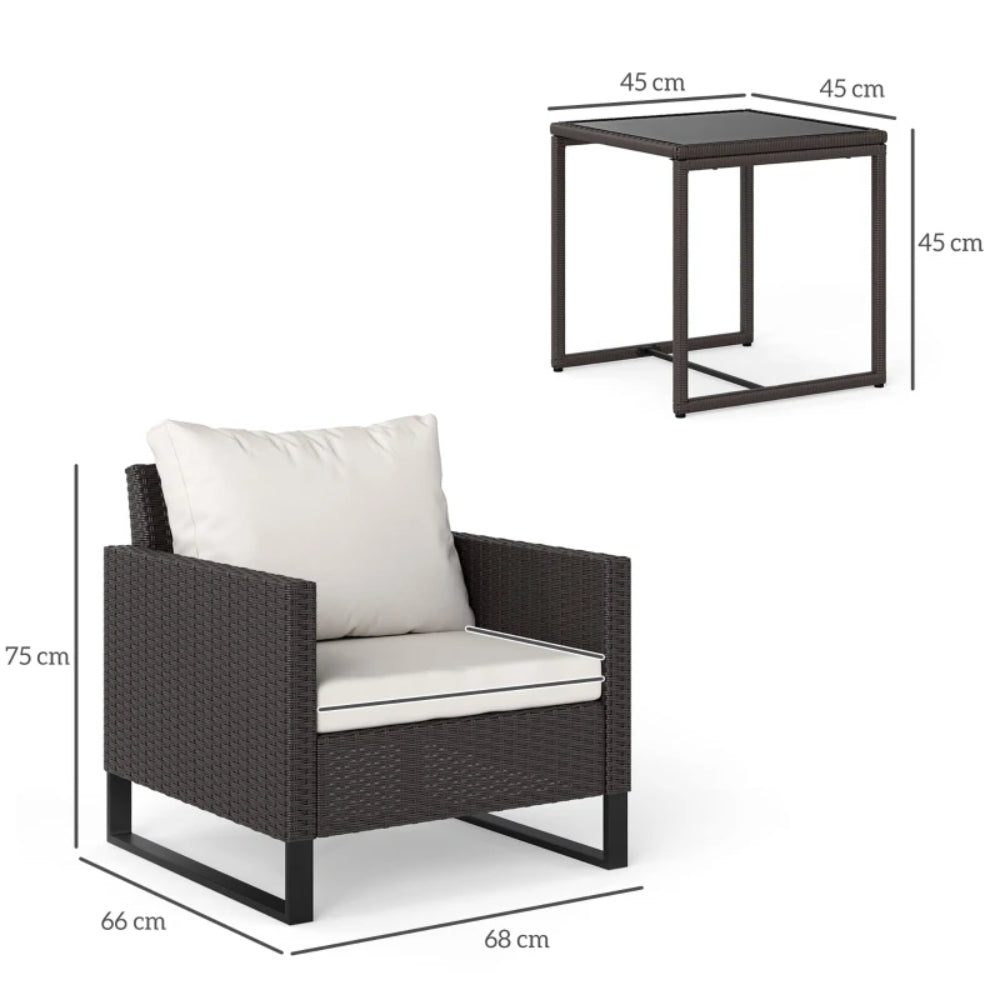Outsunny 3 Pieces Rattan Bistro Set with 4 Cushions, Wicker Garden Furniture Set, Glass Top Coffee Table and Chairs for Outdoor Patio, Balcony, Terrace and Conservatory