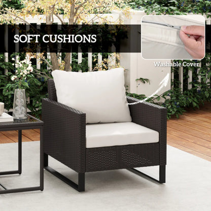 Outsunny 3 Pieces Rattan Bistro Set with 4 Cushions, Wicker Garden Furniture Set, Glass Top Coffee Table and Chairs for Outdoor Patio, Balcony, Terrace and Conservatory