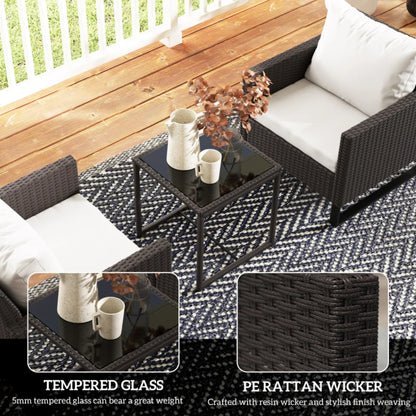Outsunny 3 Pieces Rattan Bistro Set with 4 Cushions, Wicker Garden Furniture Set, Glass Top Coffee Table and Chairs for Outdoor Patio, Balcony, Terrace and Conservatory