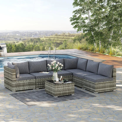 Outsunny 7 Pieces Outdoor PE Rattan Corner Sofa Set, Patio Wicker Conversation Chaise Lounge Furniture w/ Tempered Glass Table-top & Soft Padded Cushion for Garden, Backyard, Lawn, Dark Grey