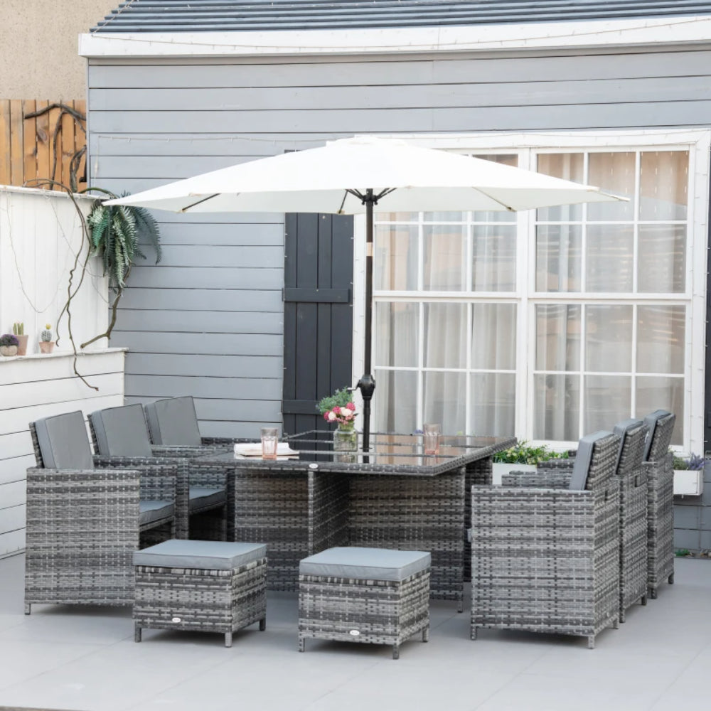 Outsunny 10 Seater Rattan Cube Garden Furniture Set with Parasol Hole, Rattan Dining Set with Cushions, Outdoor Dining Table and Chairs with Rectangular Glass Top Table for Patio, Mixed Grey