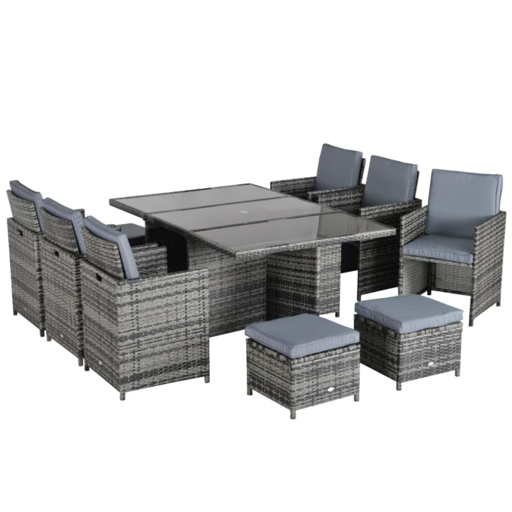 Outsunny 10 Seater Rattan Cube Garden Furniture Set with Parasol Hole, Rattan Dining Set with Cushions, Outdoor Dining Table and Chairs with Rectangular Glass Top Table for Patio, Mixed Grey