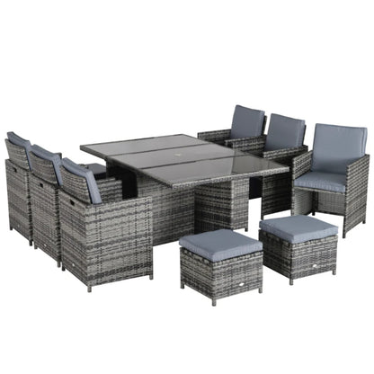 Outsunny 10 Seater Rattan Cube Garden Furniture Set with Parasol Hole, Rattan Dining Set with Cushions, Outdoor Dining Table and Chairs with Rectangular Glass Top Table for Patio, Mixed Grey