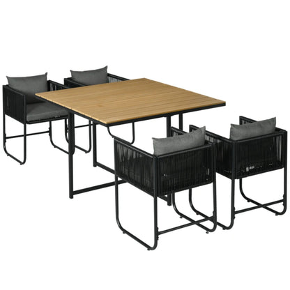 Outsunny 4 Seater Rattan Cube Garden Furniture Set, Rattan Dining Set with Cushions, Outdoor Dining Table and Chairs with Rectangular Wood Grain Plastic Top Table for Patio, Balcony