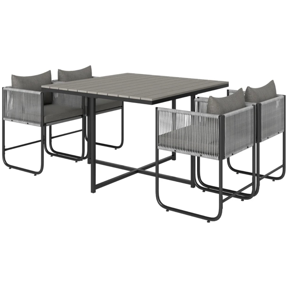 Outsunny 4 Seater Rattan Cube Garden Furniture Set, Rattan Dining Set with Cushions, Outdoor Dining Table and Chairs with Rectangular Wood Grain Plastic Top Table for Patio, Balcony