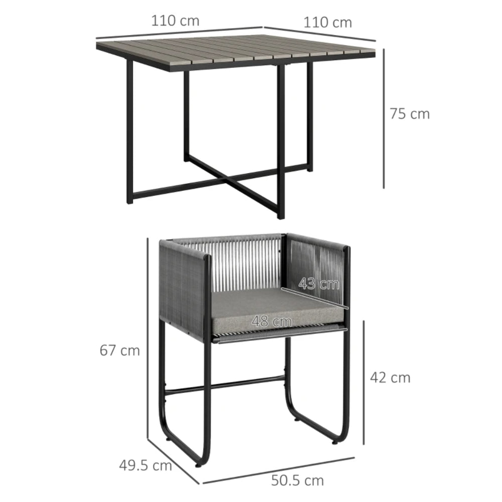 Outsunny 4 Seater Rattan Cube Garden Furniture Set, Rattan Dining Set with Cushions, Outdoor Dining Table and Chairs with Rectangular Wood Grain Plastic Top Table for Patio, Balcony