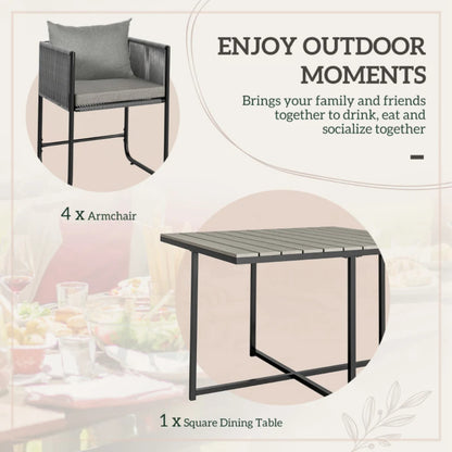 Outsunny 4 Seater Rattan Cube Garden Furniture Set, Rattan Dining Set with Cushions, Outdoor Dining Table and Chairs with Rectangular Wood Grain Plastic Top Table for Patio, Balcony