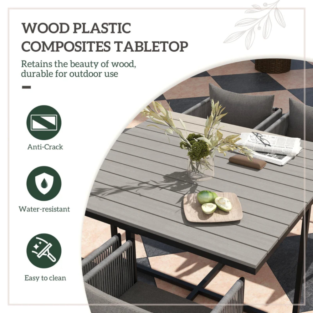 Outsunny 4 Seater Rattan Cube Garden Furniture Set, Rattan Dining Set with Cushions, Outdoor Dining Table and Chairs with Rectangular Wood Grain Plastic Top Table for Patio, Balcony