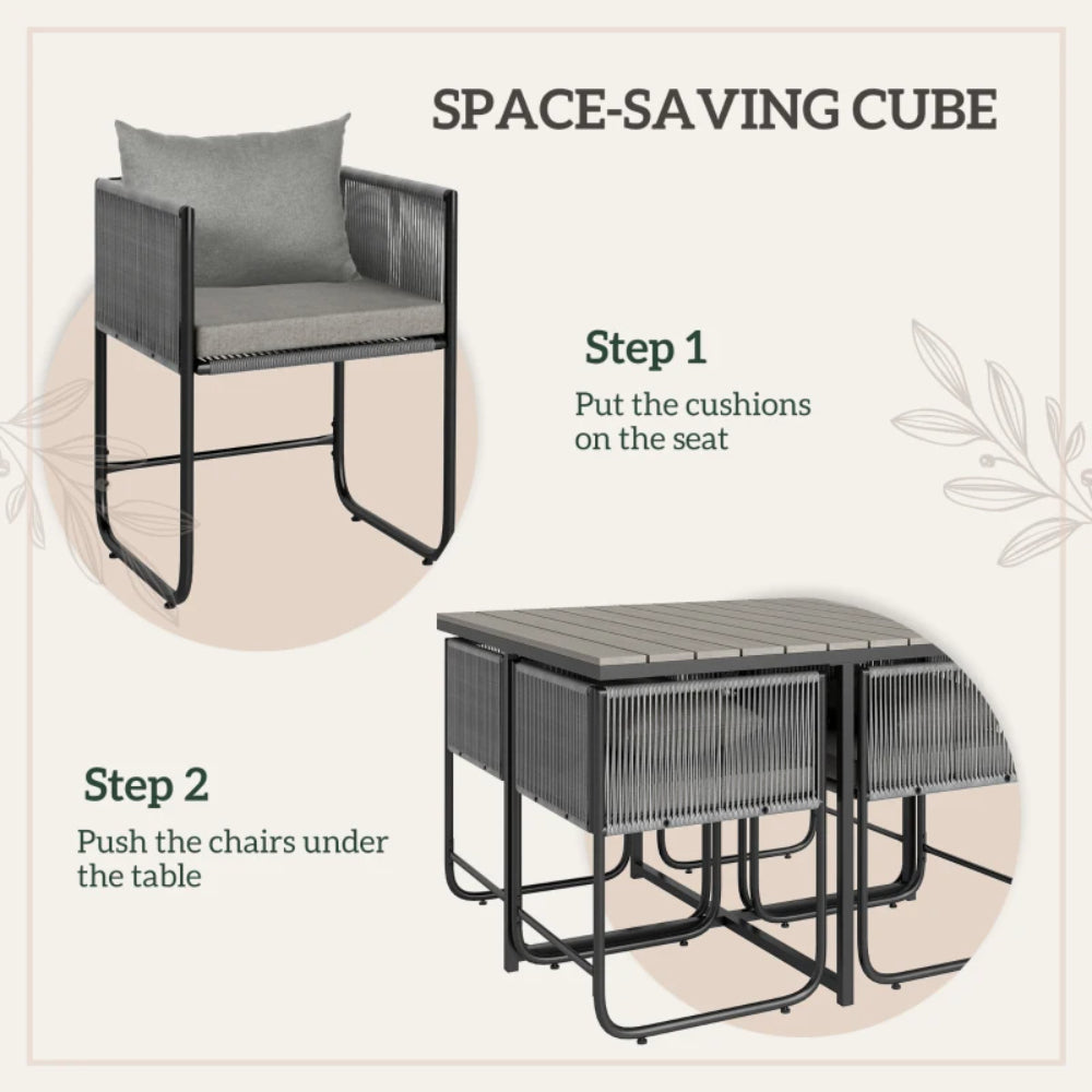 Outsunny 4 Seater Rattan Cube Garden Furniture Set, Rattan Dining Set with Cushions, Outdoor Dining Table and Chairs with Rectangular Wood Grain Plastic Top Table for Patio, Balcony