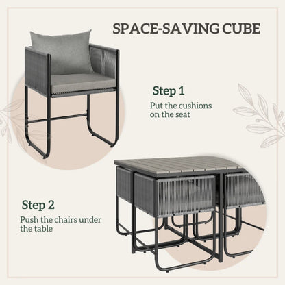 Outsunny 4 Seater Rattan Cube Garden Furniture Set, Rattan Dining Set with Cushions, Outdoor Dining Table and Chairs with Rectangular Wood Grain Plastic Top Table for Patio, Balcony
