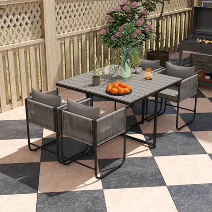 Outsunny 4 Seater Rattan Cube Garden Furniture Set, Rattan Dining Set with Cushions, Outdoor Dining Table and Chairs with Rectangular Wood Grain Plastic Top Table for Patio, Balcony