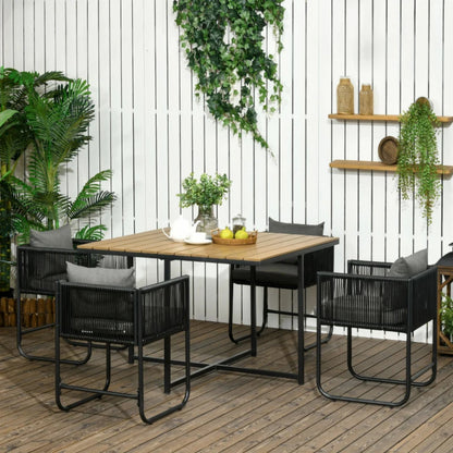 Outsunny 4 Seater Rattan Cube Garden Furniture Set, Rattan Dining Set with Cushions, Outdoor Dining Table and Chairs with Rectangular Wood Grain Plastic Top Table for Patio, Balcony