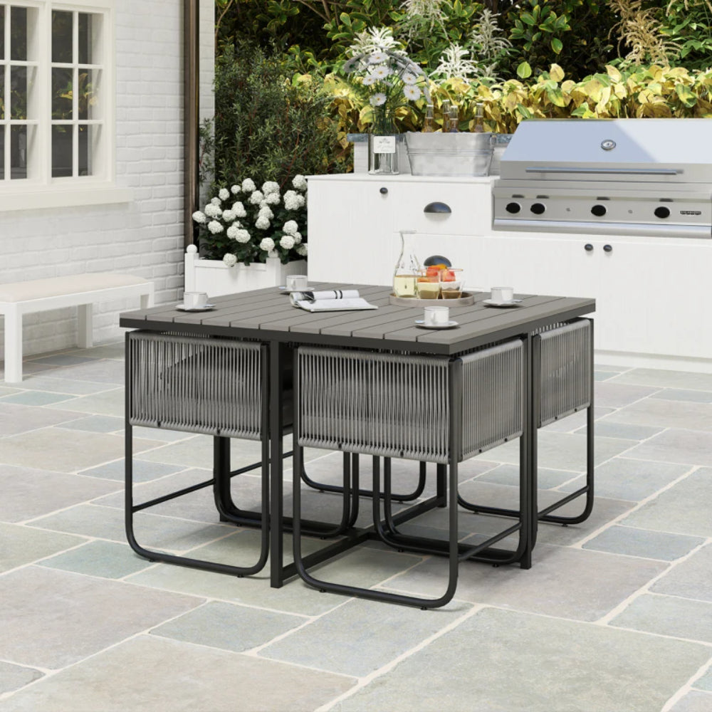 Outsunny 4 Seater Rattan Cube Garden Furniture Set, Rattan Dining Set with Cushions, Outdoor Dining Table and Chairs with Rectangular Wood Grain Plastic Top Table for Patio, Balcony