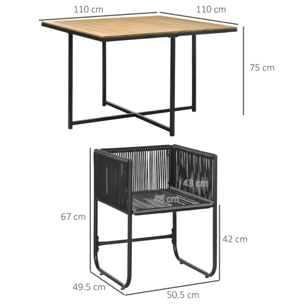 Outsunny 4 Seater Rattan Cube Garden Furniture Set, Rattan Dining Set with Cushions, Outdoor Dining Table and Chairs with Rectangular Wood Grain Plastic Top Table for Patio, Balcony