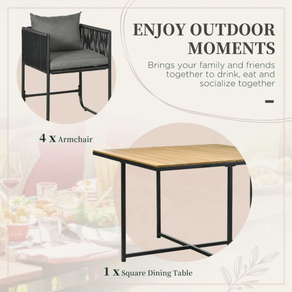 Outsunny 4 Seater Rattan Cube Garden Furniture Set, Rattan Dining Set with Cushions, Outdoor Dining Table and Chairs with Rectangular Wood Grain Plastic Top Table for Patio, Balcony