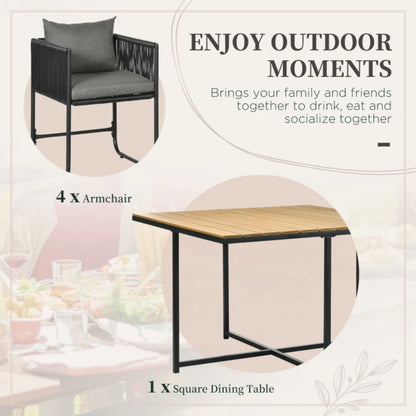 Outsunny 4 Seater Rattan Cube Garden Furniture Set, Rattan Dining Set with Cushions, Outdoor Dining Table and Chairs with Rectangular Wood Grain Plastic Top Table for Patio, Balcony