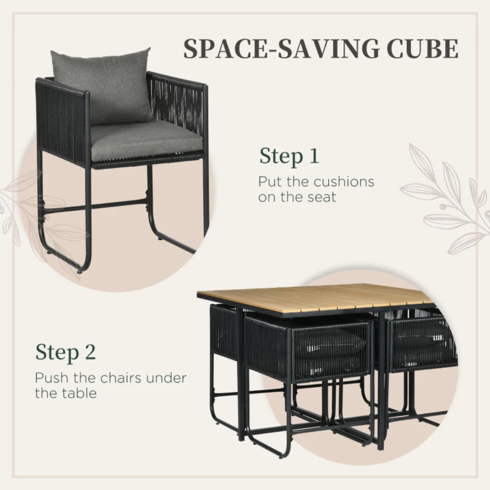 Outsunny 4 Seater Rattan Cube Garden Furniture Set, Rattan Dining Set with Cushions, Outdoor Dining Table and Chairs with Rectangular Wood Grain Plastic Top Table for Patio, Balcony