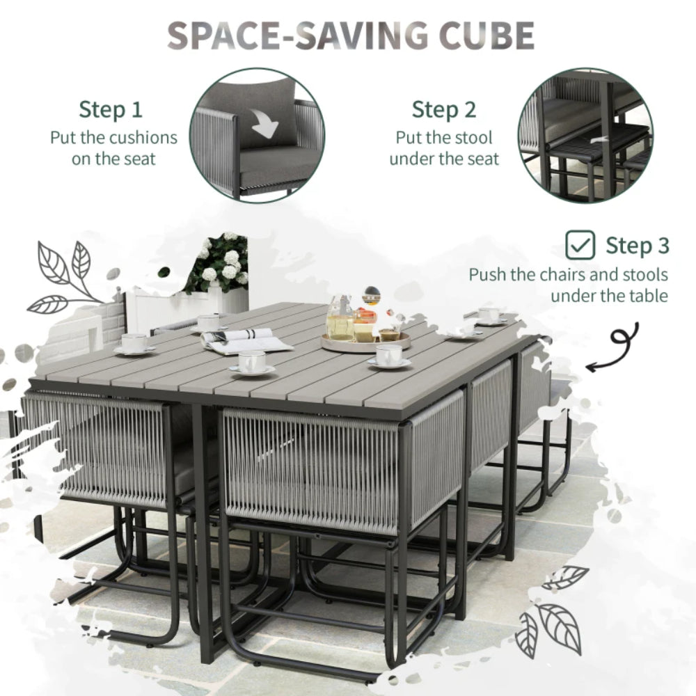 Outsunny 10 Seater Rattan Cube Garden Furniture Set, Rattan Dining Set with Cushions, Outdoor Dining Table and Chairs with 6 Armchairs, 4 Stools, Rectangular Wood Grain Plastic Top Table, Grey