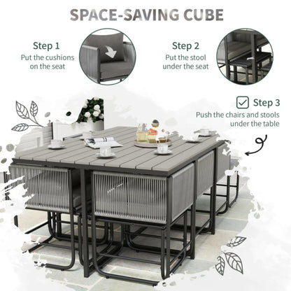 Outsunny 10 Seater Rattan Cube Garden Furniture Set, Rattan Dining Set with Cushions, Outdoor Dining Table and Chairs with 6 Armchairs, 4 Stools, Rectangular Wood Grain Plastic Top Table, Grey