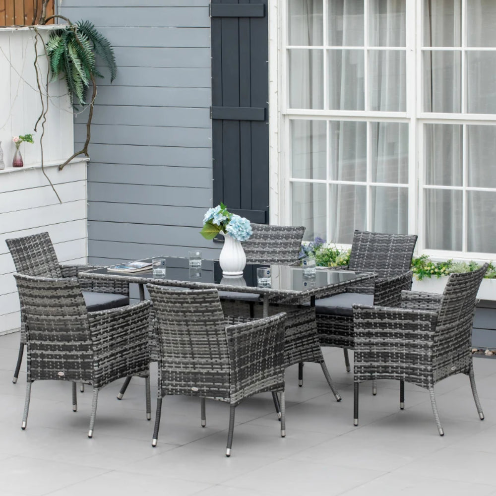 Outsunny 7-Piece Rattan Garden Furniture Set with Cushions, 6 Seater Garden Table and Chairs, Rattan Dining Set with 6 Armchairs, Rectangular Glass Top Table, Grey