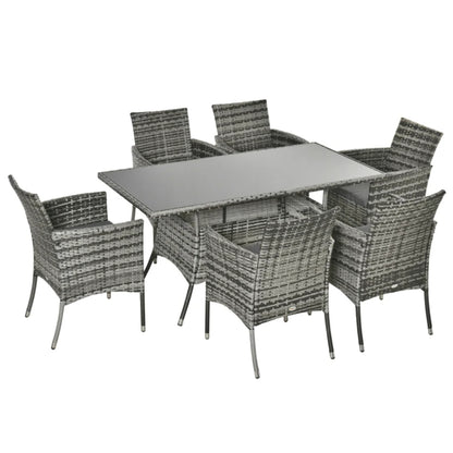 Outsunny 7-Piece Rattan Garden Furniture Set with Cushions, 6 Seater Garden Table and Chairs, Rattan Dining Set with 6 Armchairs, Rectangular Glass Top Table, Grey