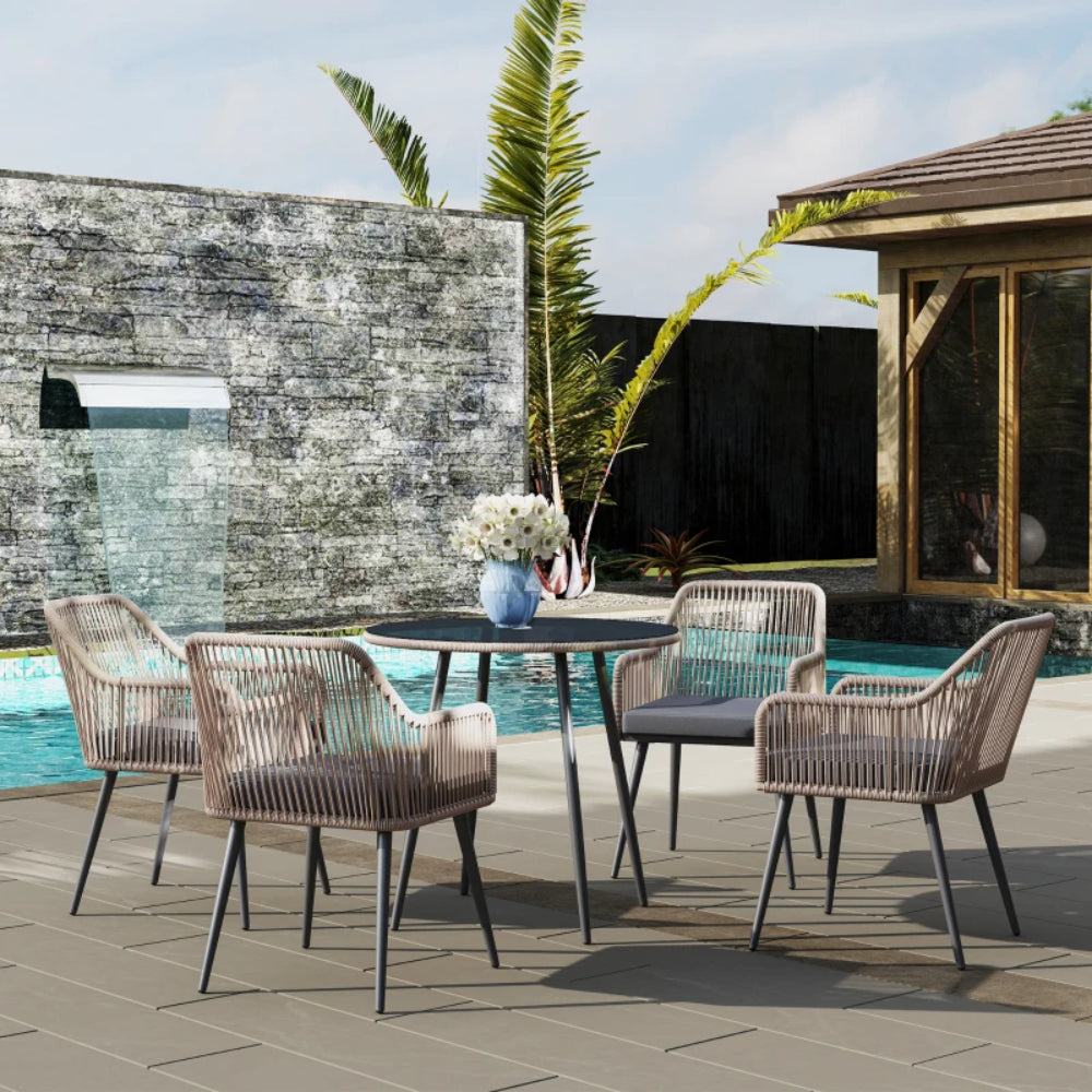 Outsunny 4 Seater Rattan Dining Set, Rattan Garden Furniture Set with Parasol Hole, Outdoor Dining Table and Chairs Set with Cushions, Round Glass Top Table for Patio, Balcony, Light Brown