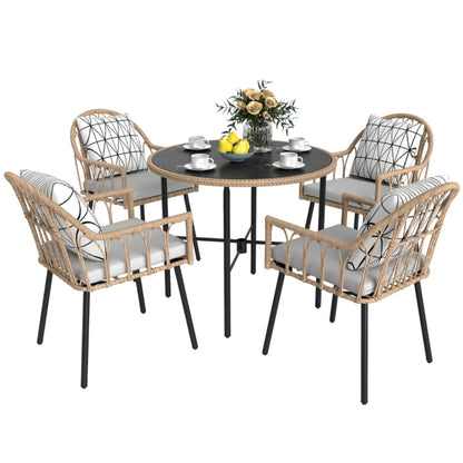 Outsunny 5 Piece Patio Rattan Dining Set, Wicker Garden Table and Chairs w/ Removable Seat & Back Cushions, Round Tempered Glass Tabletop, Parasol Hole, Outdoor Furniture Conservatory Set, Light Brown