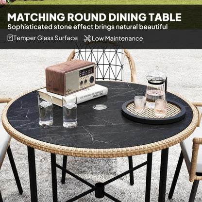 Outsunny 5 Piece Patio Rattan Dining Set, Wicker Garden Table and Chairs w/ Removable Seat & Back Cushions, Round Tempered Glass Tabletop, Parasol Hole, Outdoor Furniture Conservatory Set, Light Brown