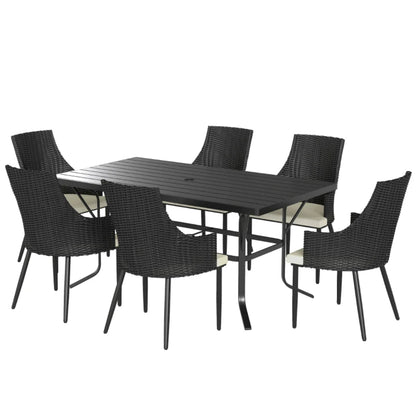 Outsunny 6 Seater Rattan Dining Set with Cushions, Garden Furniture Set with Armchairs, Rectangle Slatted Table Top, Steel Frame, Parasol Hole, Wicker Outdoor Furniture for Patio, Balcony, Cream White