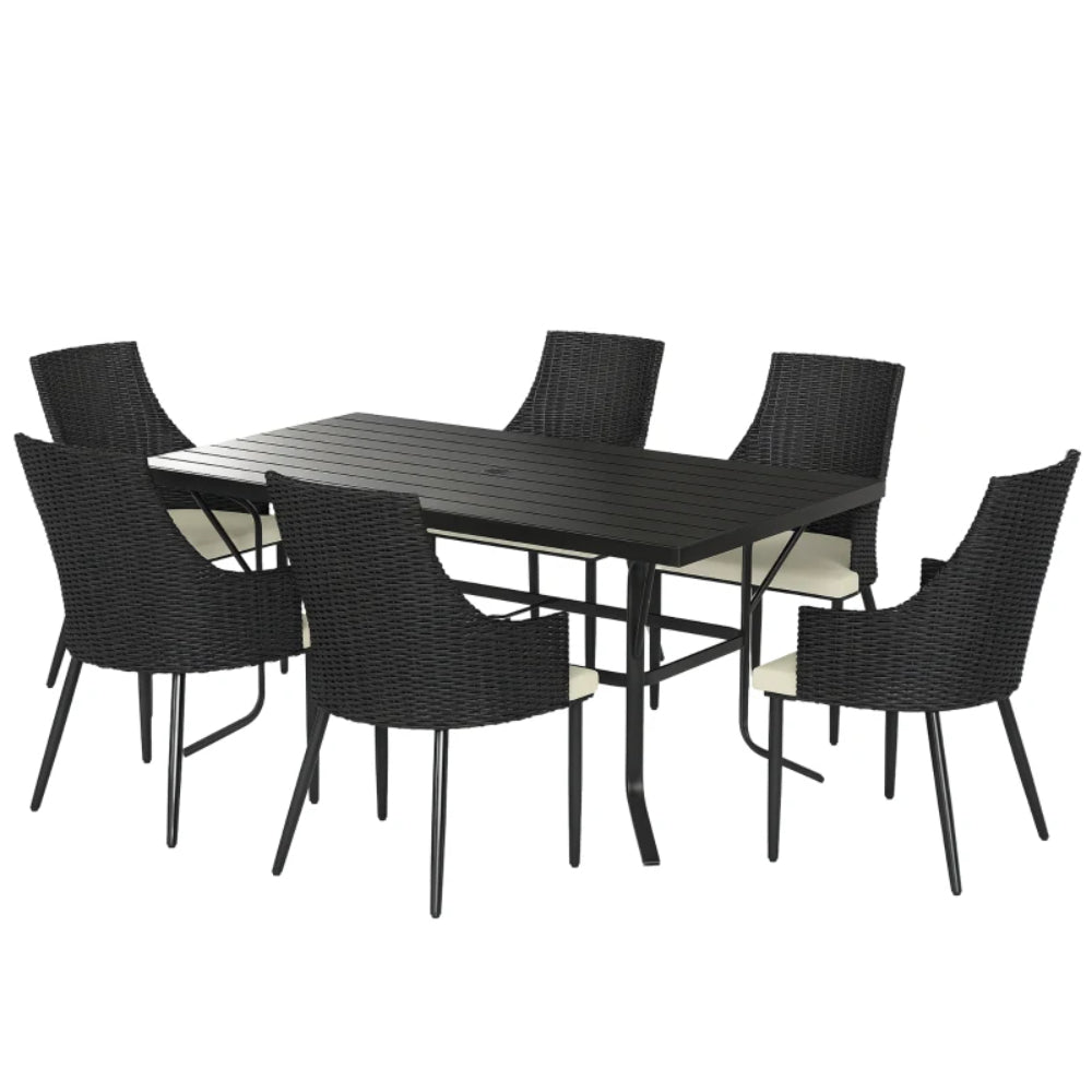Outsunny 6 Seater Rattan Dining Set with Cushions, Garden Furniture Set with Armchairs, Rectangle Slatted Table Top, Steel Frame, Parasol Hole, Wicker Outdoor Furniture for Patio, Balcony, Cream White