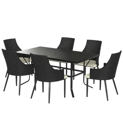 Outsunny 6 Seater Rattan Dining Set with Cushions, Garden Furniture Set with Armchairs, Rectangle Slatted Table Top, Steel Frame, Parasol Hole, Wicker Outdoor Furniture for Patio, Balcony, Cream White