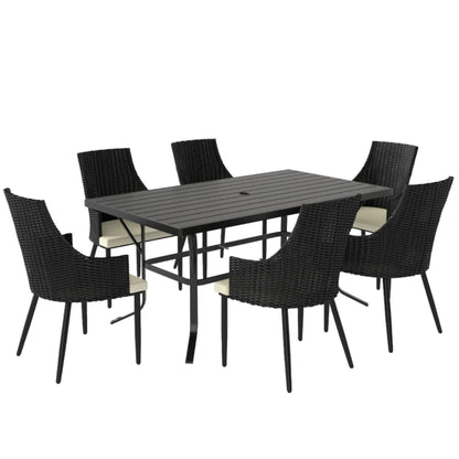 Outsunny 6 Seater Rattan Dining Set with Cushions, Garden Furniture Set with Armchairs, Rectangle Slatted Table Top, Steel Frame, Parasol Hole, Wicker Outdoor Furniture for Patio, Balcony, Cream White