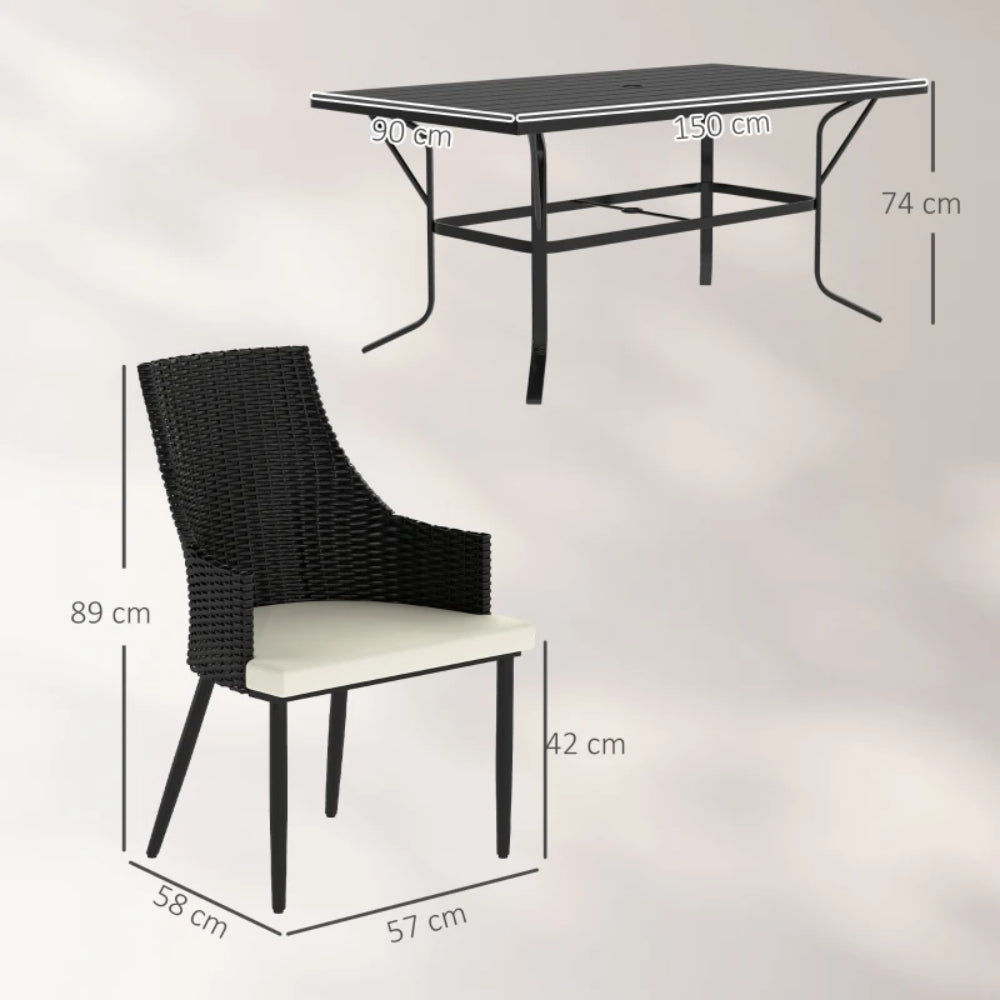 Outsunny 6 Seater Rattan Dining Set with Cushions, Garden Furniture Set with Armchairs, Rectangle Slatted Table Top, Steel Frame, Parasol Hole, Wicker Outdoor Furniture for Patio, Balcony, Cream White