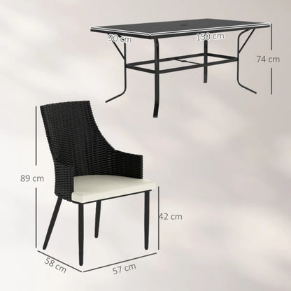 Outsunny 6 Seater Rattan Dining Set with Cushions, Garden Furniture Set with Armchairs, Rectangle Slatted Table Top, Steel Frame, Parasol Hole, Wicker Outdoor Furniture for Patio, Balcony, Cream White