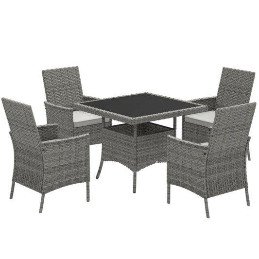 Outsunny Rattan Garden Furniture Set, Outdoor Dining Table and Chairs 4 Seater with Cushions, Square Tempered Glass Top, 4 Armchairs, for Balcony, Terrace, Conservatory