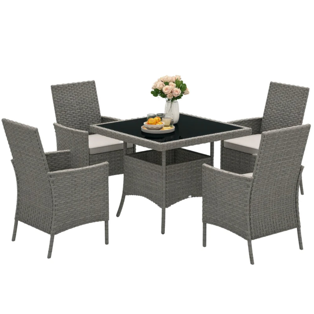 Outsunny Rattan Garden Furniture Set, Outdoor Dining Table and Chairs 4 Seater with Cushions, Square Tempered Glass Top, 4 Armchairs, for Balcony, Terrace, Conservatory