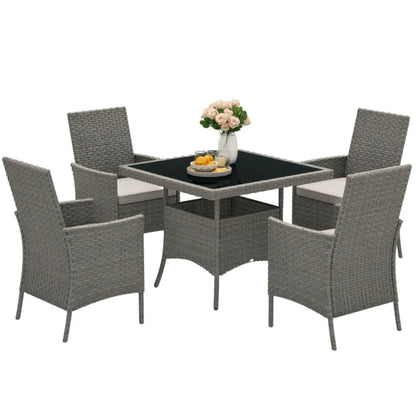 Outsunny Rattan Garden Furniture Set, Outdoor Dining Table and Chairs 4 Seater with Cushions, Square Tempered Glass Top, 4 Armchairs, for Balcony, Terrace, Conservatory