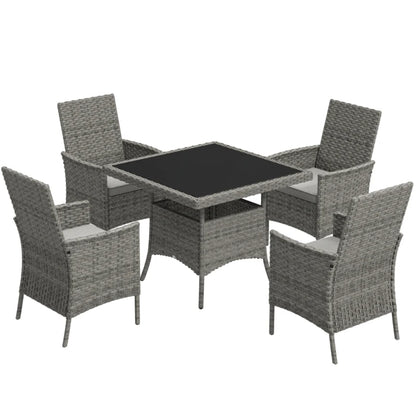 Outsunny Rattan Garden Furniture Set, Outdoor Dining Table and Chairs 4 Seater with Cushions, Square Tempered Glass Top, 4 Armchairs, for Balcony, Terrace, Conservatory