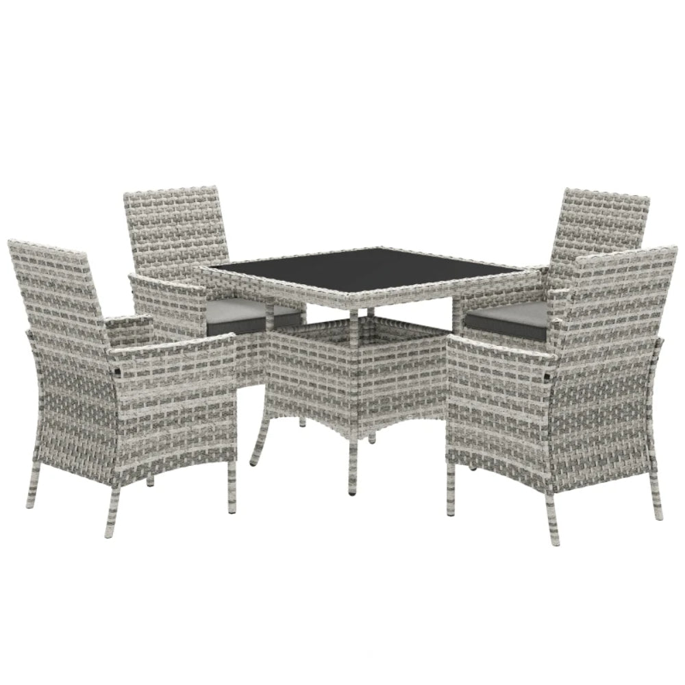 Outsunny Rattan Garden Furniture Set, Outdoor Dining Table and Chairs 4 Seater with Cushions, Square Tempered Glass Top, 4 Armchairs, for Balcony, Terrace, Conservatory