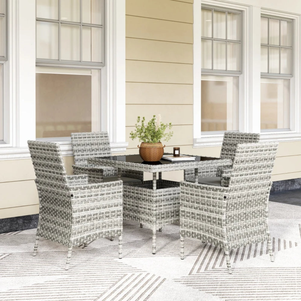 Outsunny Rattan Garden Furniture Set, Outdoor Dining Table and Chairs 4 Seater with Cushions, Square Tempered Glass Top, 4 Armchairs, for Balcony, Terrace, Conservatory