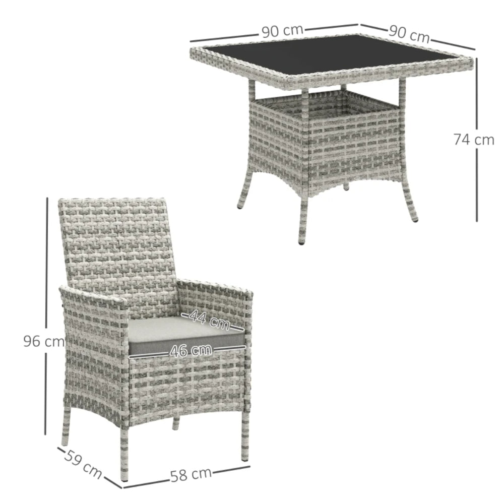 Outsunny Rattan Garden Furniture Set, Outdoor Dining Table and Chairs 4 Seater with Cushions, Square Tempered Glass Top, 4 Armchairs, for Balcony, Terrace, Conservatory